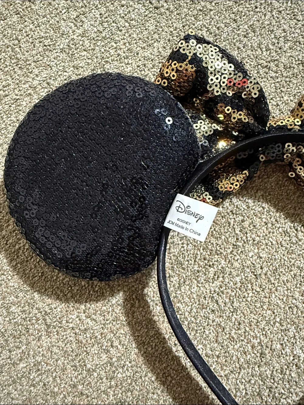 Disney Black Sequin Minnie Ears Headband with Gold Leopard Bow